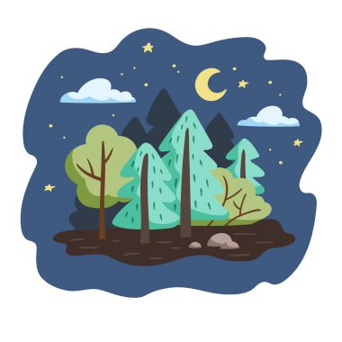 Minimalist orman manzarası. Ağaçlar ve çalılar el çizimi tarzında. Vektör illüstrasyonu.