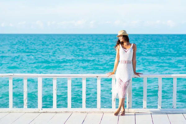 Young Woman White Dress Sea Bright Sky Background Royalty Free Stock Images