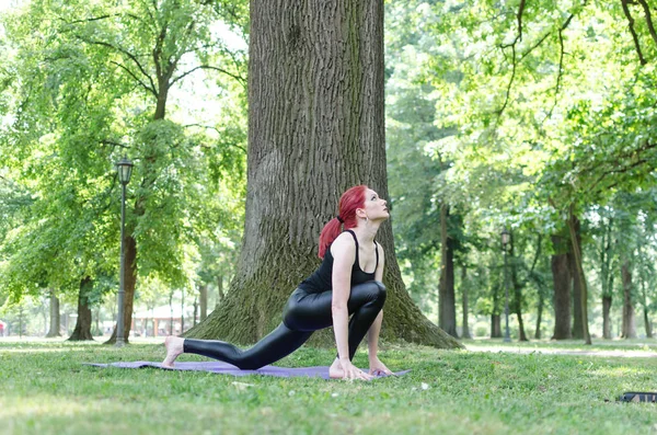 Mulher Esportiva Fazendo Ioga Asana Grama Verde Parque Verão — Fotografia de Stock