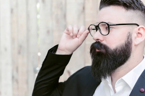 Man Beard Glasses Feeling Confident Close Face Hispanic Business Man — Stock Photo, Image