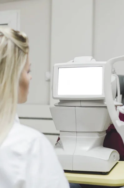 Gesundheitswesen Medizin Menschen Seh Und Technologiekonzept Nahaufnahme Des Augenoptikers Mit — Stockfoto