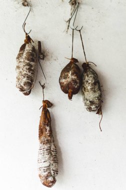 et ürünleri ile ipler kancalar beyaz arka plan üzerinde asılı