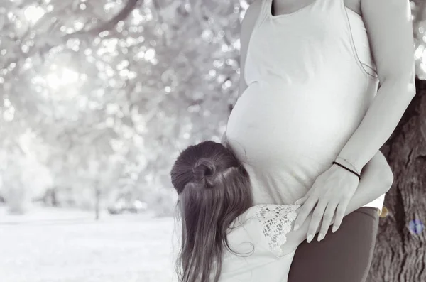Madre Embarazada Hija Abrazándose Parque —  Fotos de Stock