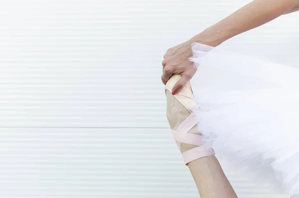 Close Young Professional Ballet Dancer Stretching Her Foot Space Text — Stock Photo, Image