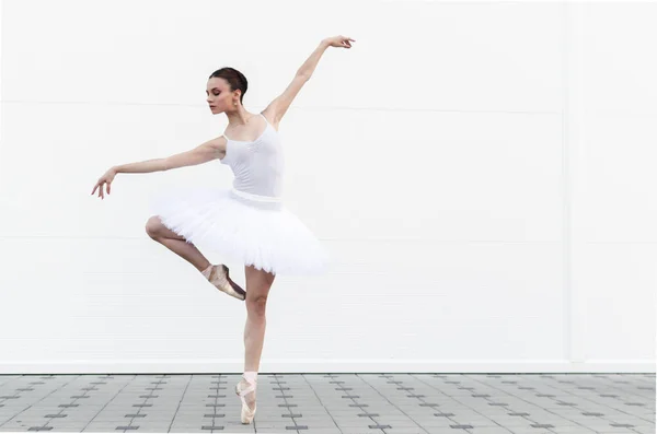 Beautiful Young Ballerina Doing Attitude Pose White Tutu Outdoors — Stock Photo, Image