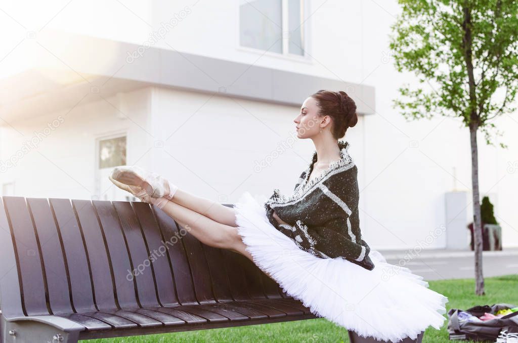 Young beautiful ballerina posing outdoors in a park.