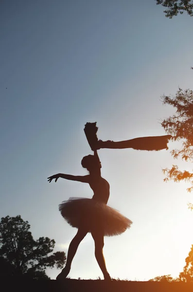 Silueta Krásná Baletka Pózuje Přírodě Západ Slunce Šátkem Ruce — Stock fotografie