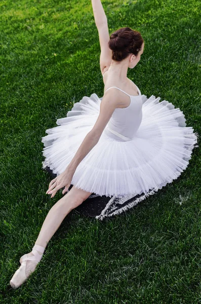 Imagen Vertical Hermosa Bailarina Clásica Femenina Ballet Que Extiende Campo —  Fotos de Stock