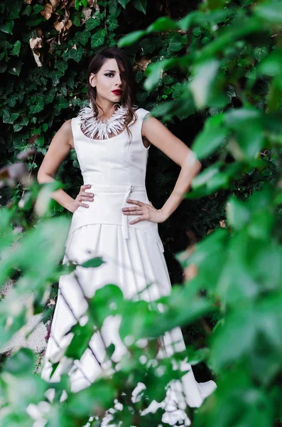 Beautiful Young Woman Posing Long White Dress — Stock Photo, Image