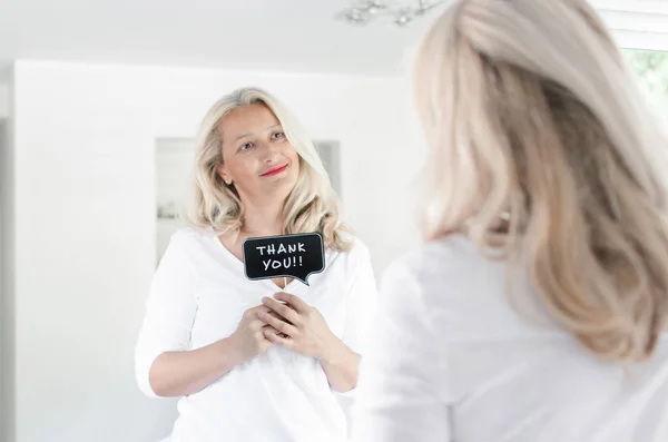 Beautiful Adult Woman Smiling Holding Photo Prop Front Mirror Home — Stock Photo, Image