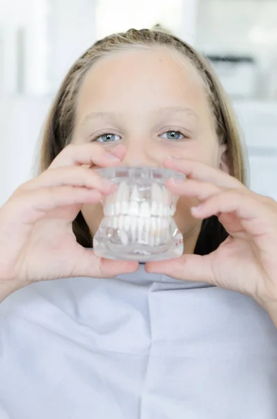 Vista Frontale Cute Giovane Ragazza Che Tiene Mascella Prostetica Mano — Foto Stock