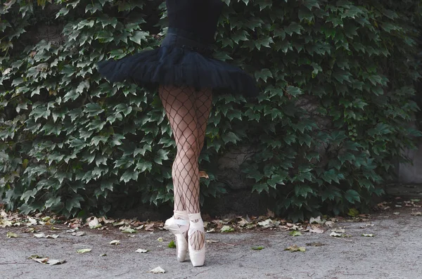Beskuren Bild Vuxen Ballerina Poserar Utanför Svart Tutu Och Pointe — Stockfoto