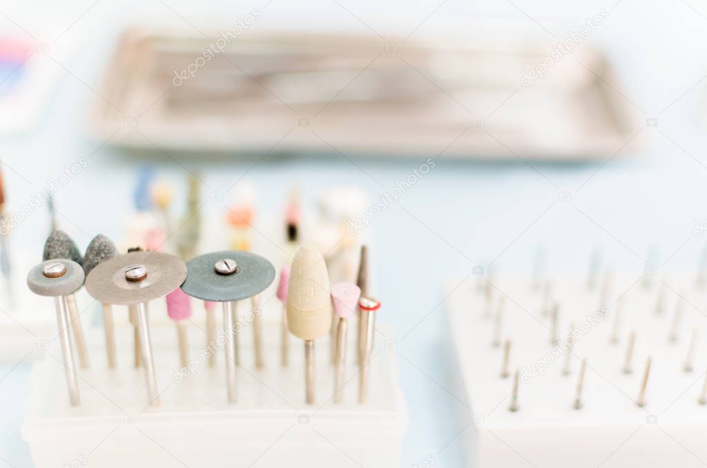 Burs, polishers, drills and brushes in a dental lab.