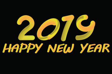 Mutlu yeni yıl 2019 metin, sarı yazı tipi siyah arka plan üzerine.