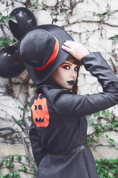 Retrato Menina Bonita Com Escuro Assustador Compõem Para Halloween Posando — Fotografia de Stock