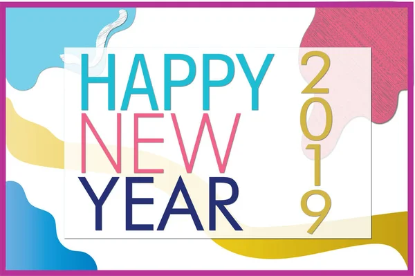 Colorful poster design with colorful text and purple frame, Happy New Year 2019.