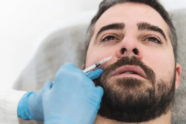 Close Young Man Having Hyaluronic Fillers His Face — Stock Photo, Image