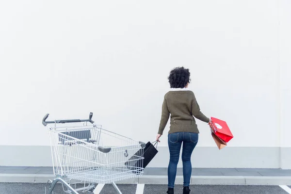 Achteraanzicht Van Jonge Vrouw Buiten Winkelcentrum Houden Papieren Zakken — Stockfoto