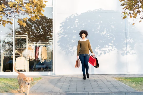 Confident young woman with curly hair walking in street with dog and holding plastic shopping bags