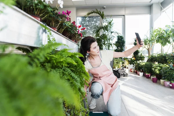 Chica Joven Bastante Alegre Tomando Selfie Tienda Flores Con Hermosas — Foto de Stock