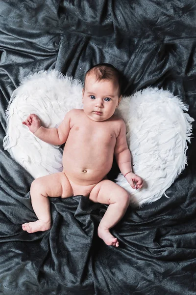 Lindo Bebé Recién Nacido Con Alas Ángel Blanco Acostado Manta —  Fotos de Stock