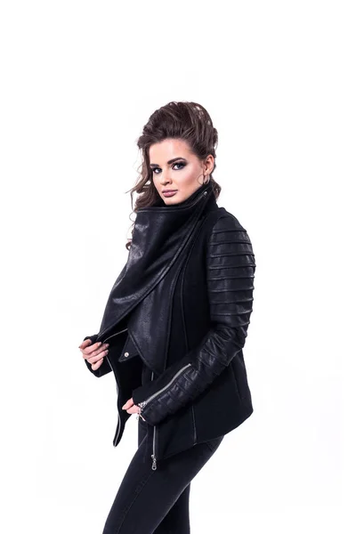 Stylish Young Model Black Leather Jacket Jeans Posing White Background — Stock Photo, Image