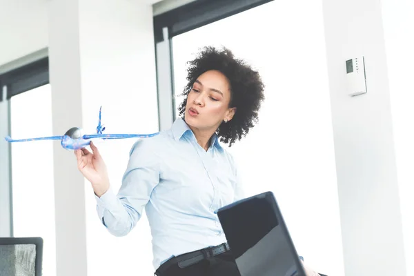 Businesswoman Playing Airplane Model Her Office — Stock Photo, Image
