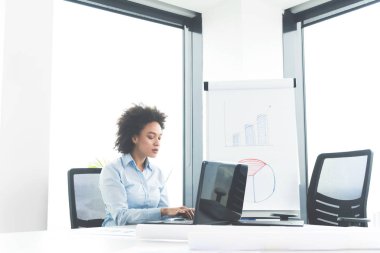 Genç işkadını üstünde Laptop modern ofiste çalışan 