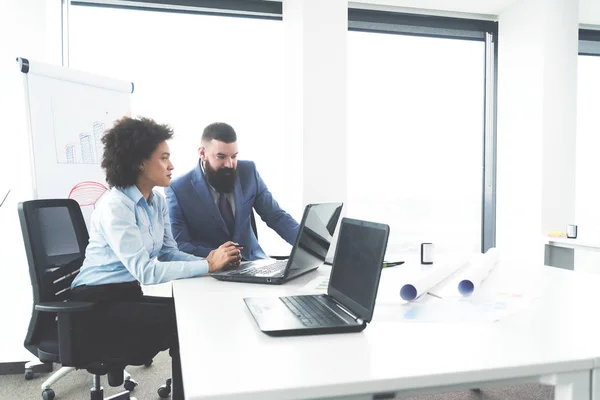 Colleagues Working Together Project Bright Modern Office — Stock Photo, Image