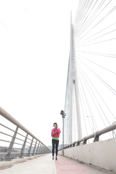 Sporty Young Woman Jogging City Listening Her Workout Music Playlist — Stock Photo, Image