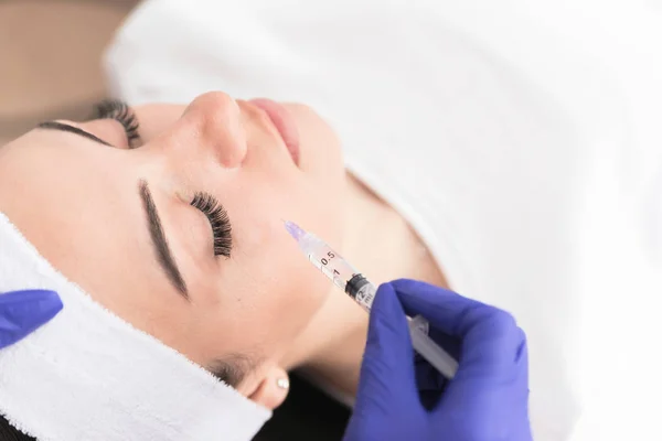 Close Photo Female Patient Lying Closed Eyes While Doctor Injecting — Stock Photo, Image