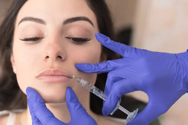 Close Doctors Hands Injecting Filler Upper Lip Patient — Stock Photo, Image