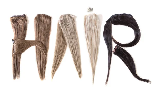 髪の拡張サンプルから作られた言葉の髪 色パレットの概念 — ストック写真