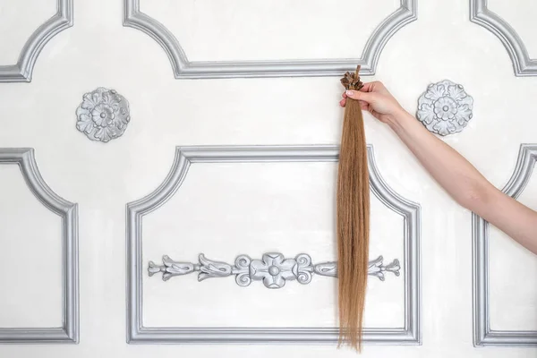 Vrouwelijke Hand Houden Van Monster Van Haarverlenging Licht Bruine Toon — Stockfoto