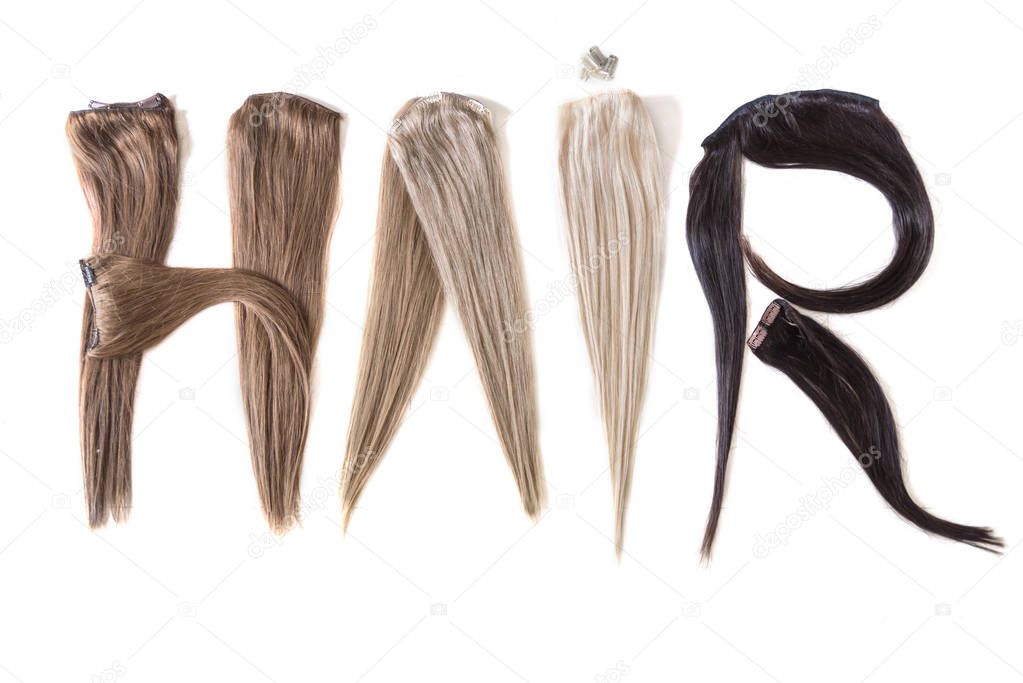 Word hair made from hair extension samples, Colors palette concept