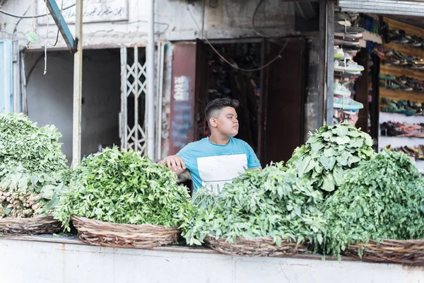 Irak Bagdad Juillet 2019 Jeune Vendeur Vend Persil Frais Vert — Photo