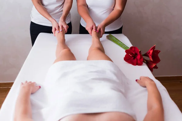 Cropped Image Masseurs Giving Royal Foot Massage Woman Spa — 스톡 사진