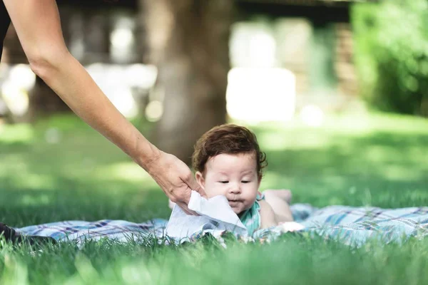 Madre Limpiando Cara Niña Manta Picnic Sobre Hierba Verde — Foto de Stock