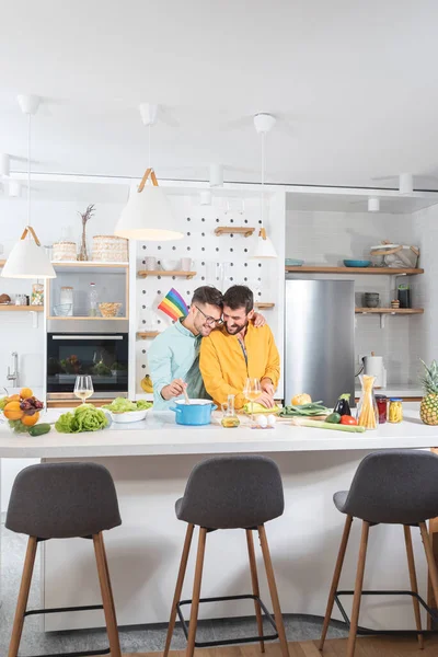 Pareja Gay Cocinando Comida Cocina —  Fotos de Stock