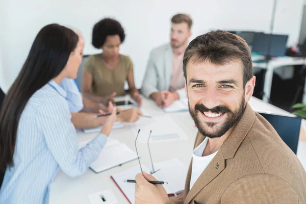 Happy Businessman Colleague Discussing Work Office Meeting Stock Photo