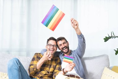 Evdeki kanepede gökkuşağı LGBT bayrağı taşıyan sevecen eşcinsel çift