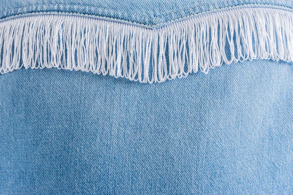 Närbild Blå Jeans Textur Med Vit Frans Dekoration Och Kopiera — Stockfoto
