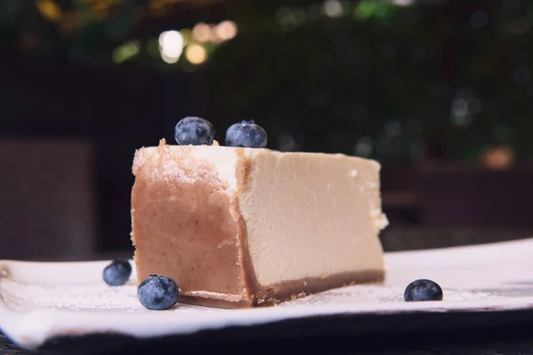 New York Cheesecake Blueberries Slice Tasty Pie Brown Crust Closeup — Stock Photo, Image