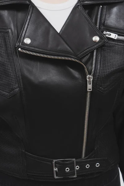 Чорна Шкіряна Куртка Перфорованими Елементами Металеві Застібки Застібки Кнопки Класичний — стокове фото