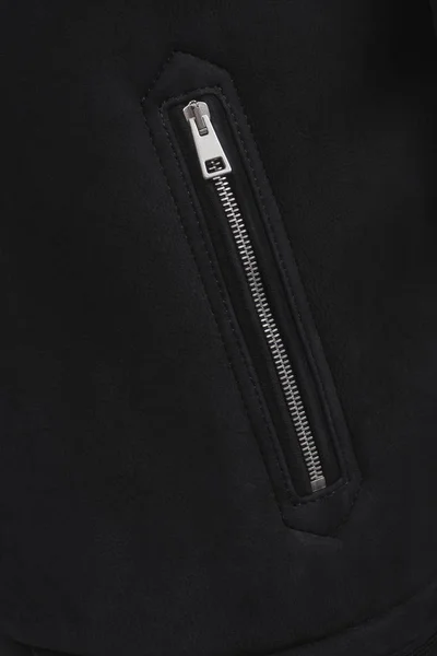 Closeup Pocket Metal Zipper Black Leather Winter Jacket Clasp Clothes — Stock Photo, Image