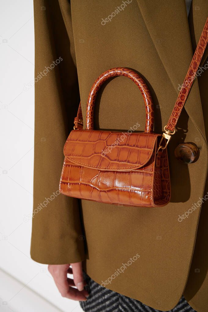 Girl in green jacket with beautiful brown leather handbag. Luxury handmade bag with reptile effect. Fashionable modern accessory. Vertical photo. Classic outfit.