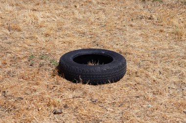 Sarı kuru çimlerin üzerinde duran eski bir lastik. Çevre kirliliği konsepti fotoğrafı. Güneşli bir gün.