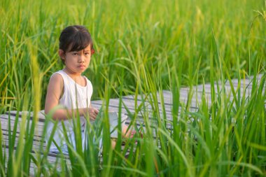 Asya sevimli kız rahatlatıcı oturan ve pirinç alan tarih Pzr doğa arka plan ile ayarla ahşap köprü üzerine bir kitap okuma.