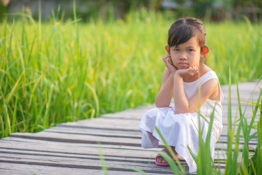 Güneş ile doğa arka plan ayarlamak pirinç alanında ahşap köprüde oturma rahatlatıcı Asya sevimli kız.