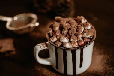 Kış ısınma tatlı sıcak çikolata marsmallow şekerler ile iç ahşap zemin, seçici odak üzerine kupa